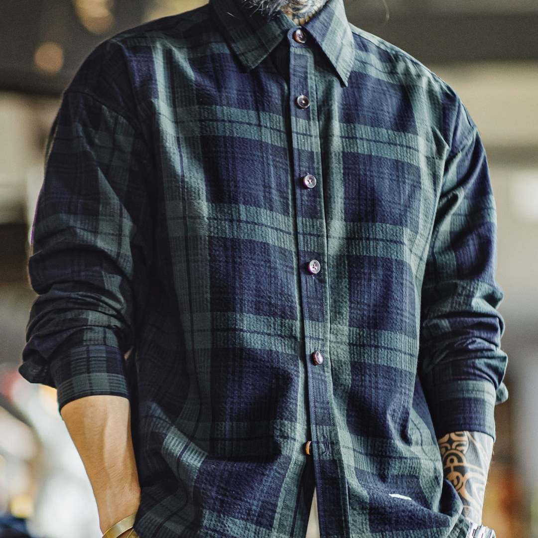 美式復古藍綠色格子襯衫外套純棉肌理感長袖薄款襯衣男秋