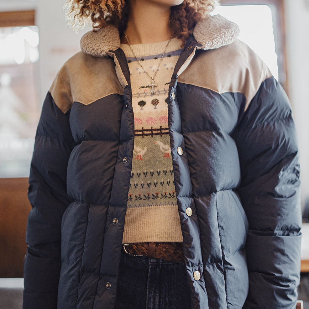 90白鴨絨撞色麂皮拼接翻領加厚保暖工裝羽絨服夾克外套女冬季