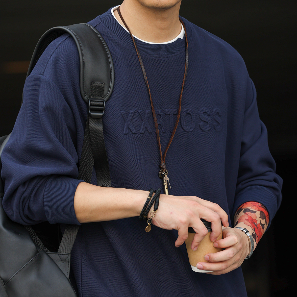 美式復古320g假兩件圓領衛衣男3D立體鋼印套頭無帽上衣