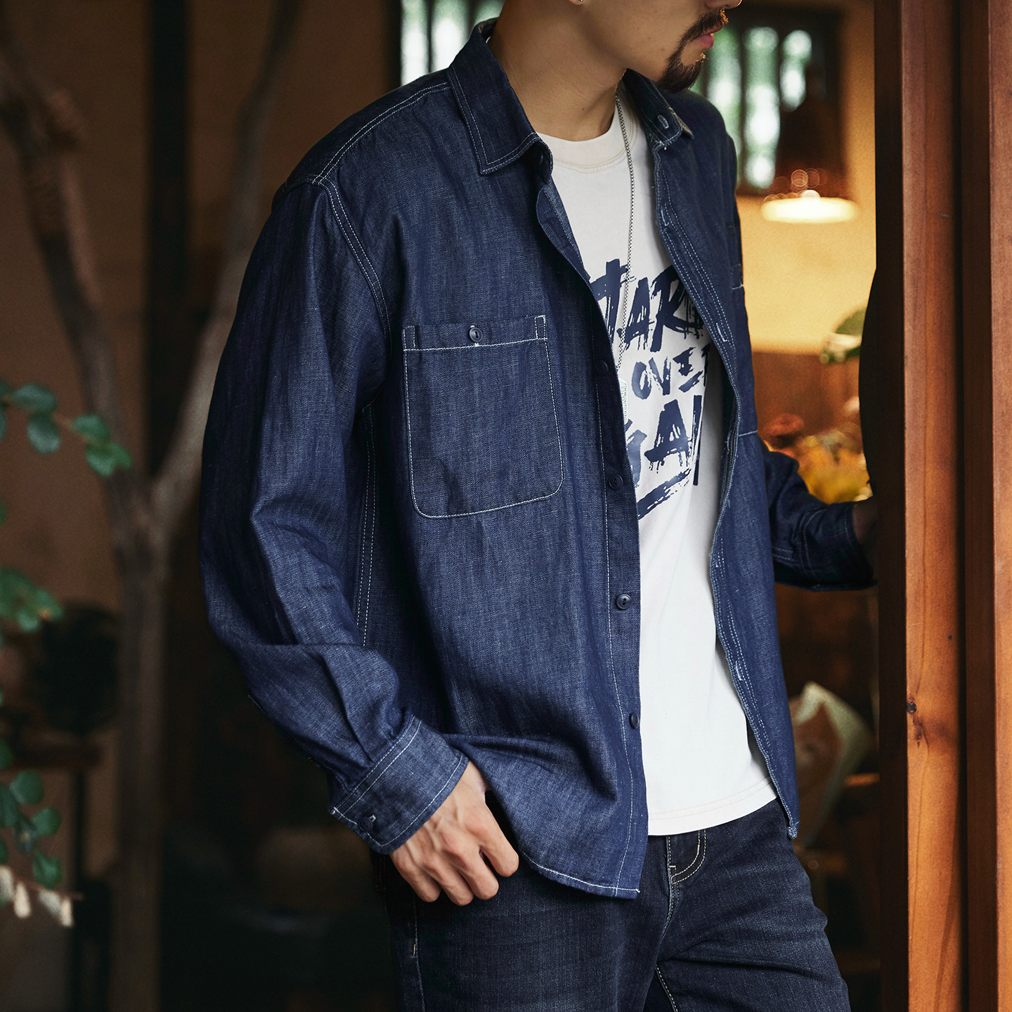 漢麻簡約藍色牛仔襯衫男2025秋季新款抗靜電長袖襯衣