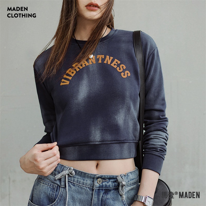 美式仿蠟染衛衣字母印花長袖T恤休閒百搭圓領套頭上衣春秋女-Retro's Wear