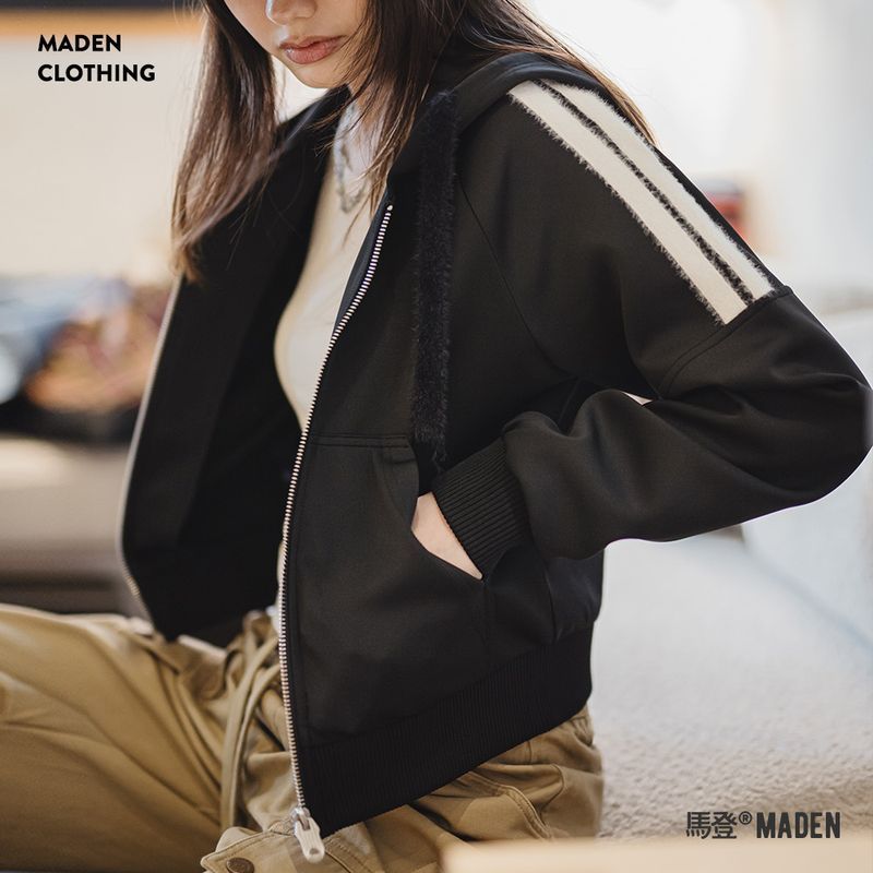 空氣層hoodie開衫外套條紋毛絨拼接衛衣春季運動通勤上衣女