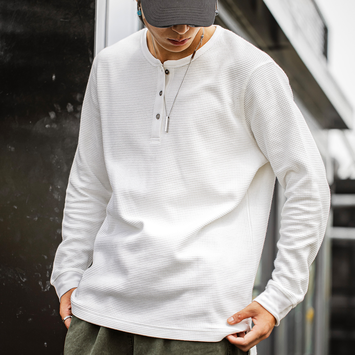 MRA亨利領正肩打底衫300g重磅白色長袖T恤上衣內搭老錢風男秋