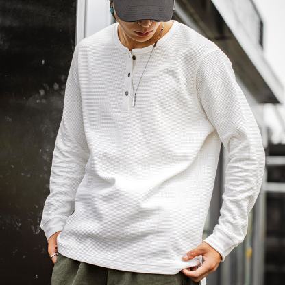 MRA亨利領正肩打底衫300g重磅白色長袖T恤上衣內搭老錢風男秋