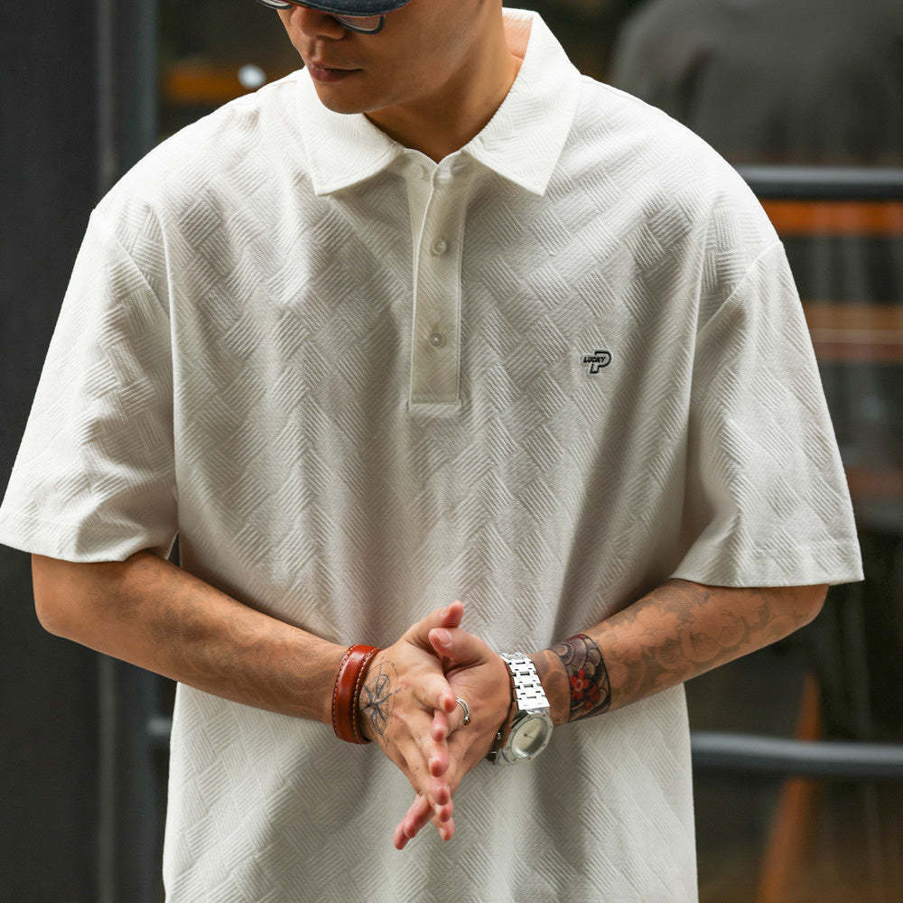 美式休閒200g短袖POLO衫男方格提花零壓舒適感刺繡T恤夏