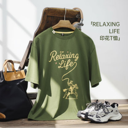 美式復古墨綠色圓領純棉寬鬆版落肩袖印花短袖T恤上衣女士夏
