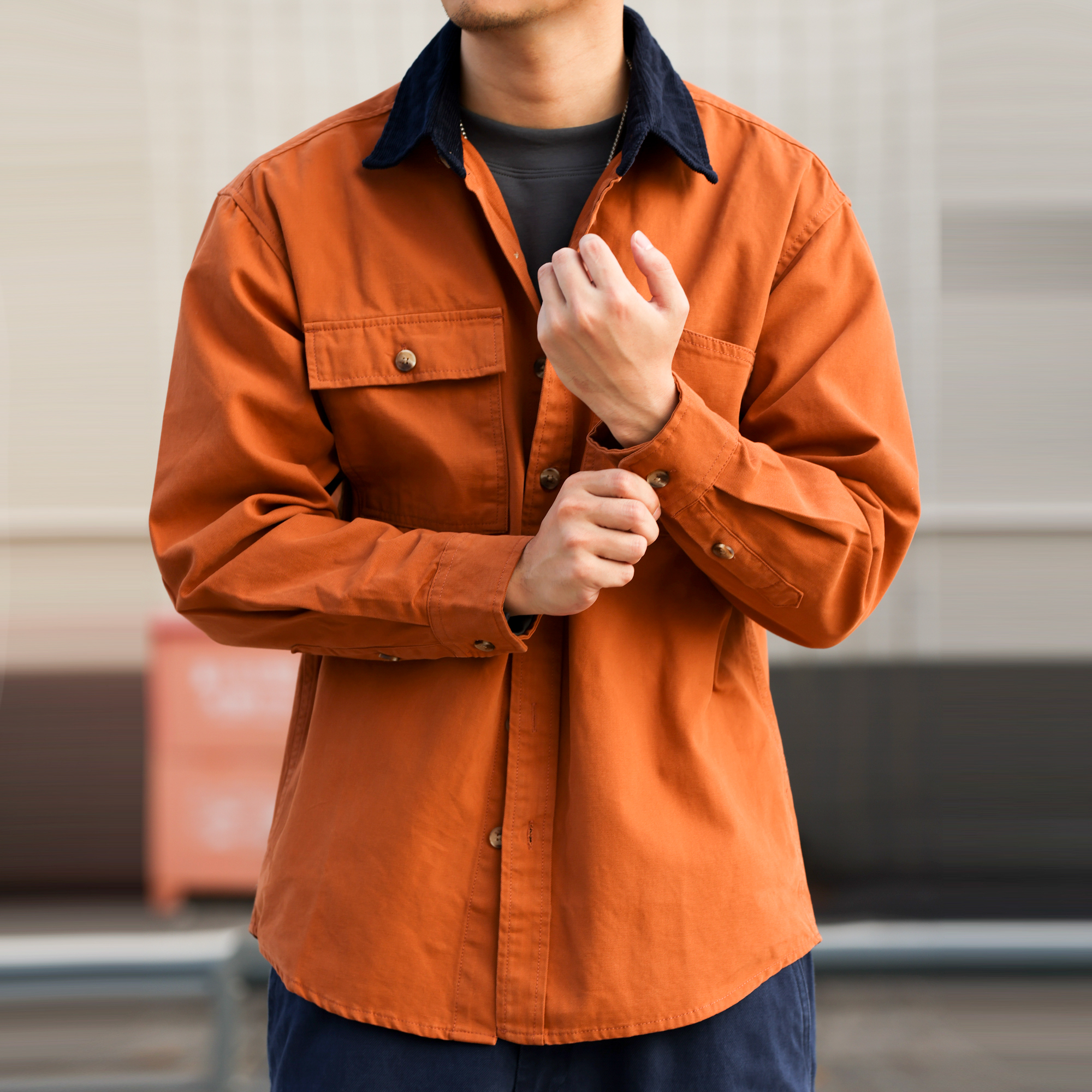 巴恩風復古工裝襯衫男撞色燈芯絨領口痞帥長袖襯衣外套