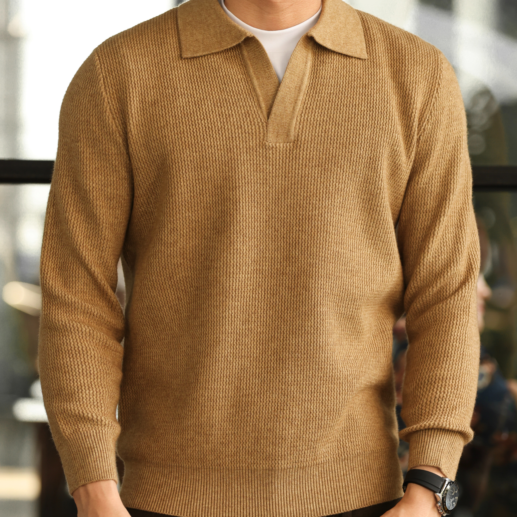 美式復古海鷗領針織POLO衫男12針重磅老錢提花保暖毛衣