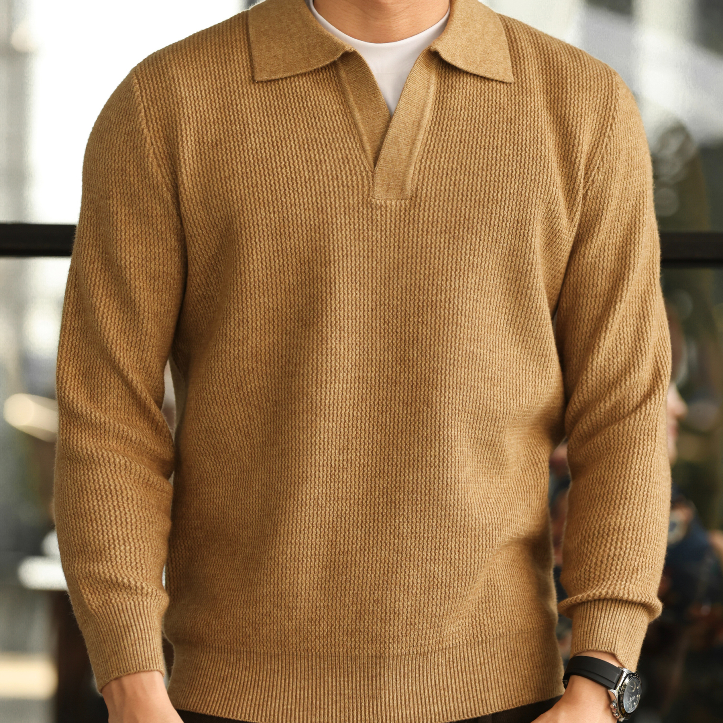 美式復古海鷗領針織POLO衫男12針重磅老錢提花保暖毛衣