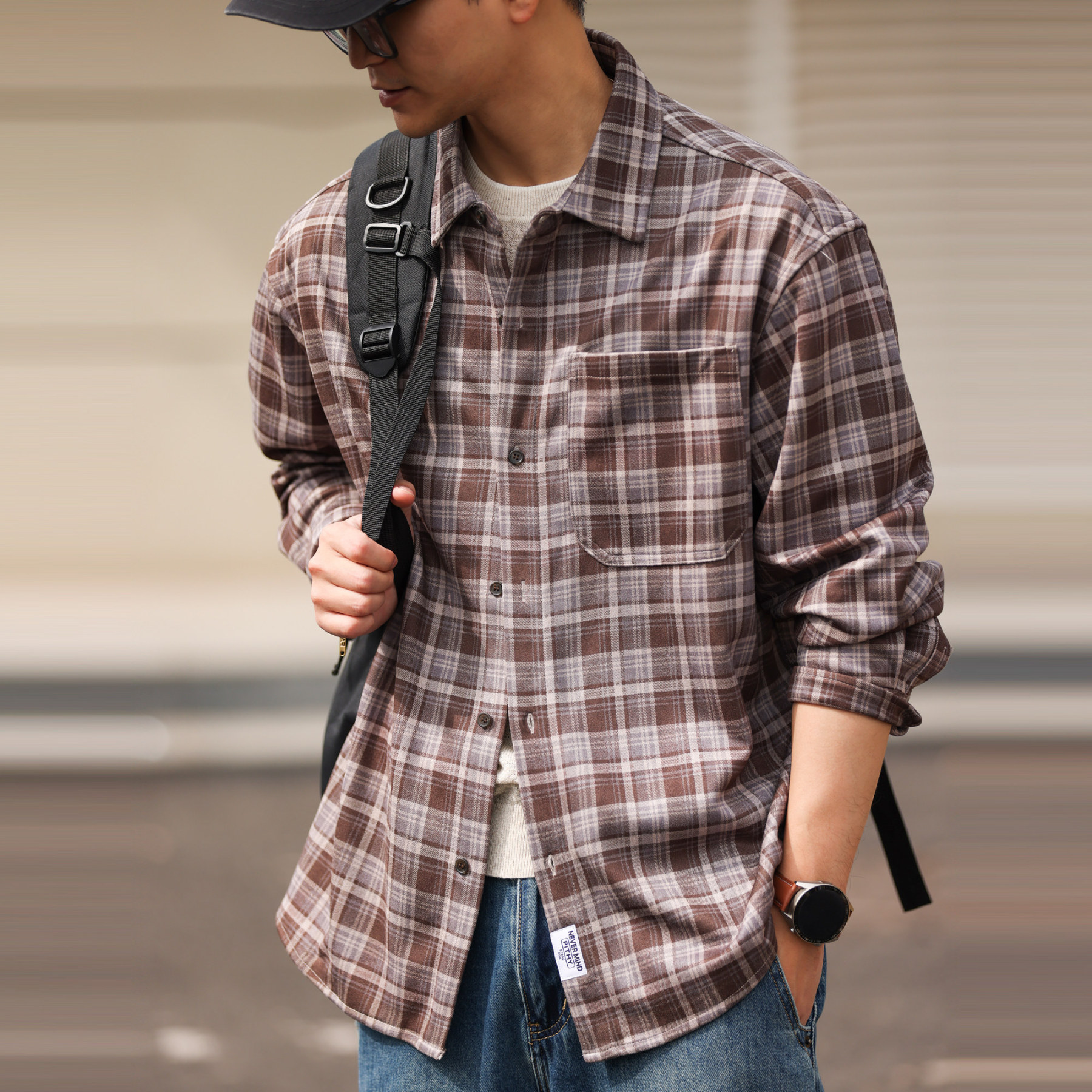 蘇格蘭格紋長袖襯衫男士寬鬆日系復古Vintage格子襯衣春