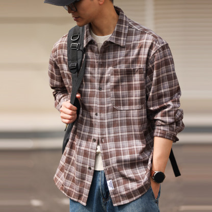 蘇格蘭格紋長袖襯衫男士寬鬆日系復古Vintage格子襯衣春