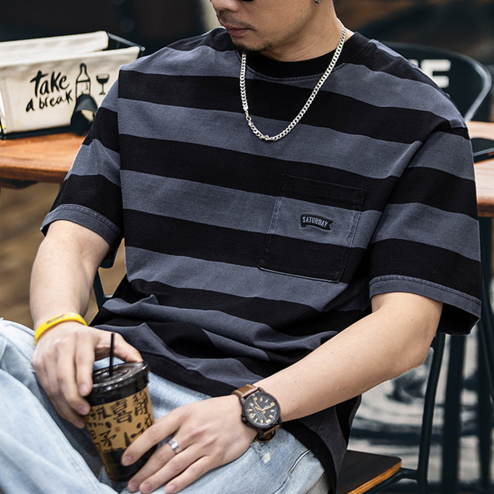 純棉水洗條紋短袖t恤男夏季2025新款美式微寬鬆圓領休閒半袖男