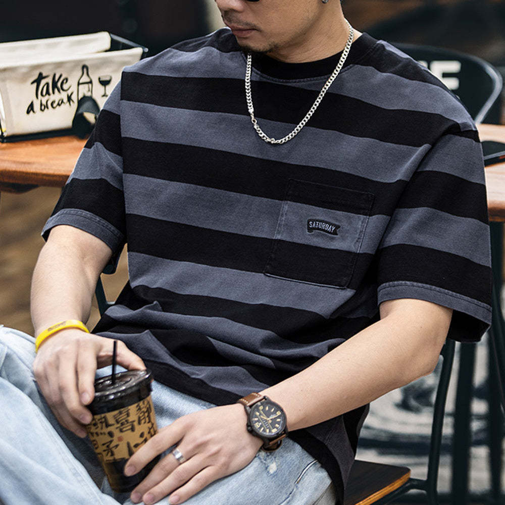 純棉水洗條紋短袖t恤男夏季2025新款美式微寬鬆圓領休閒半袖男