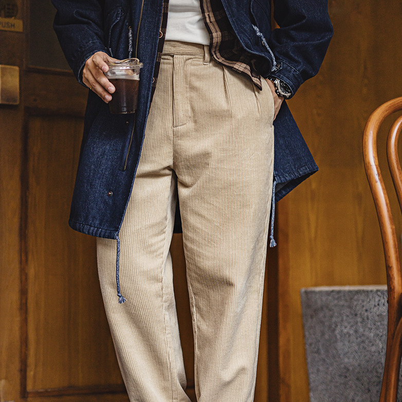 美式復古重磅燈芯絨休閒褲雙褶條絨垂感純棉直筒長褲男秋-Retro's Wear