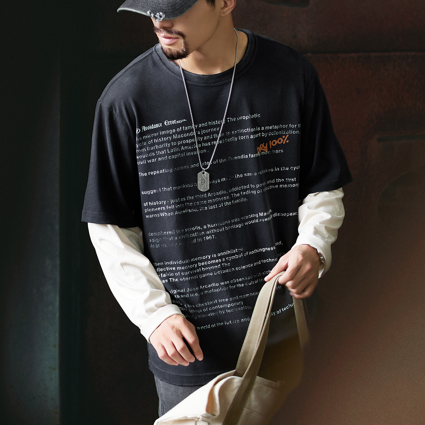 假兩件美式復古字母印花長袖t恤男2025秋季潮牌寬鬆純棉打底衫