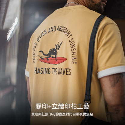 美式復古後背發泡印花T恤重磅薑黃色小眾創意短袖男款夏