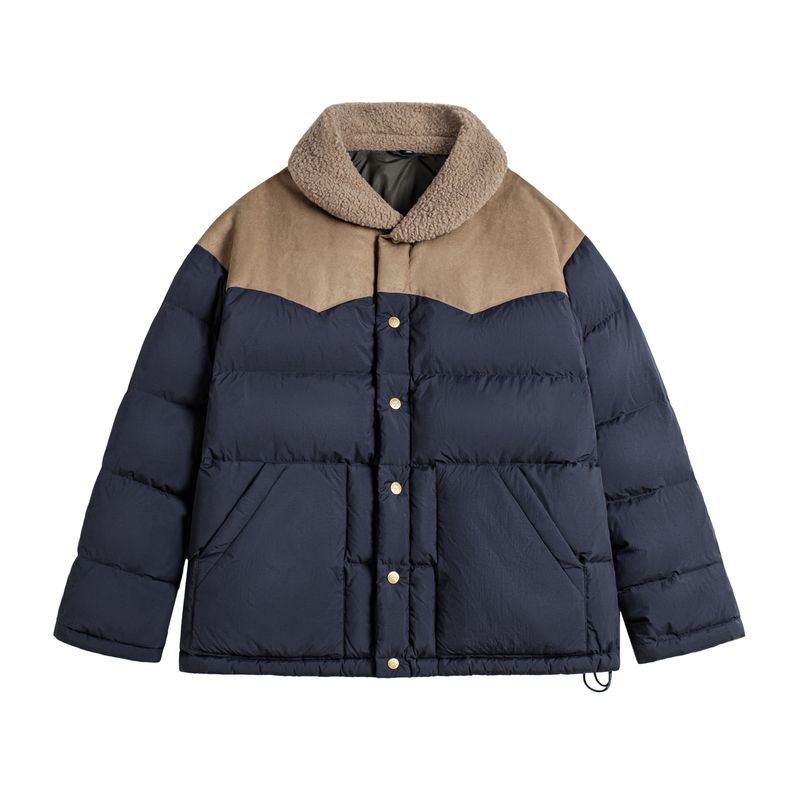 90白鴨絨撞色麂皮拼接翻領加厚保暖工裝羽絨服夾克外套女冬季