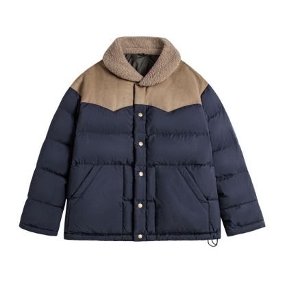 90白鴨絨撞色麂皮拼接翻領加厚保暖工裝羽絨服夾克外套女冬季