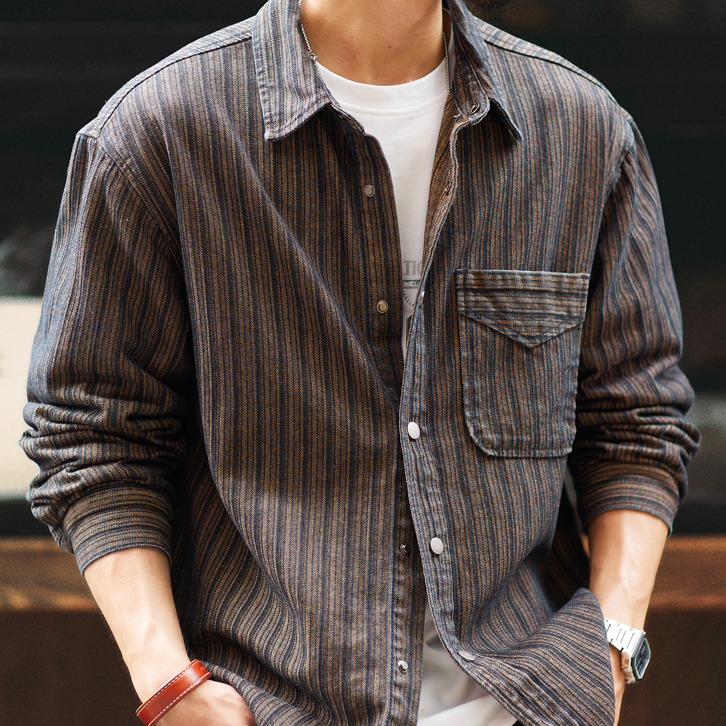 條紋提花復古休閒牛仔襯衫男2025秋季新款美式翻領長袖襯衣外套