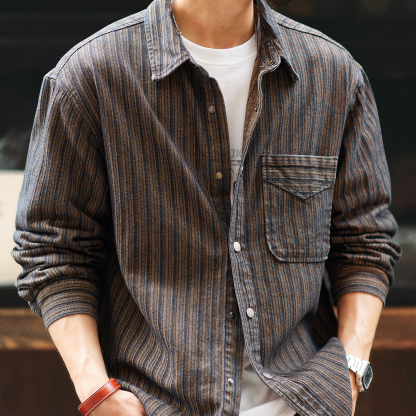 條紋提花復古休閒牛仔襯衫男2025秋季新款美式翻領長袖襯衣外套