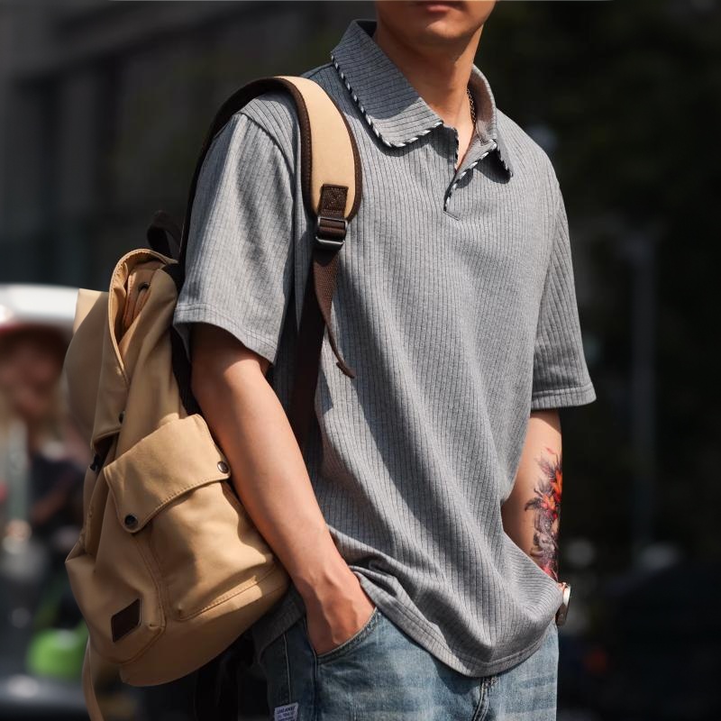 撞色包邊線小V領短袖T恤男士老錢風復古肌理感POLO衫夏