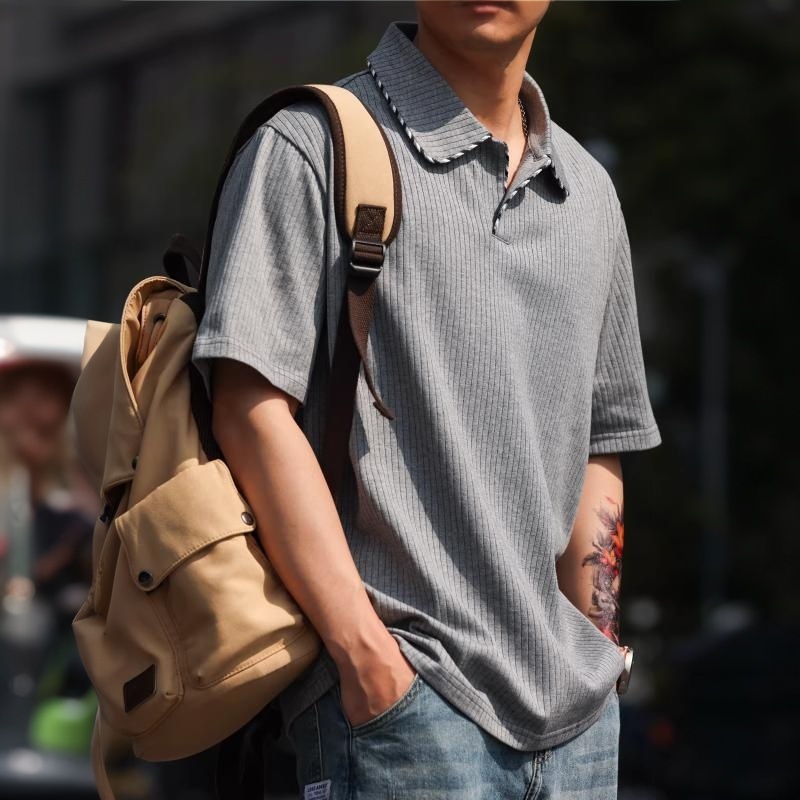撞色包邊線小V領短袖T恤男士老錢風復古肌理感POLO衫夏