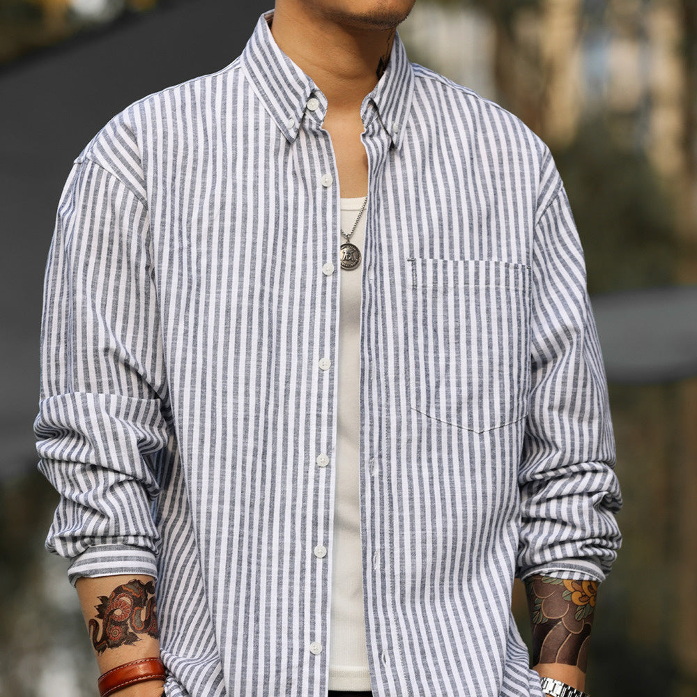 日系廊型長袖豎條紋襯衫160g輕量感疊穿慵懶風復古襯衣