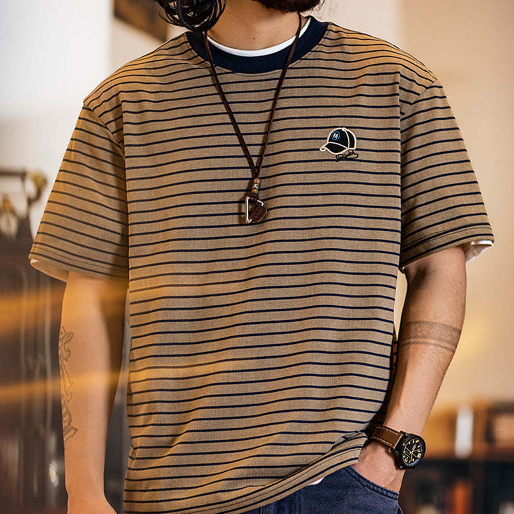 美式復古細條紋短袖t恤男2025夏季新款刺繡仿洗水做舊半袖男款夏t
