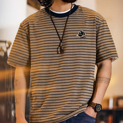 美式復古細條紋短袖t恤男2025夏季新款刺繡仿洗水做舊半袖男款夏t
