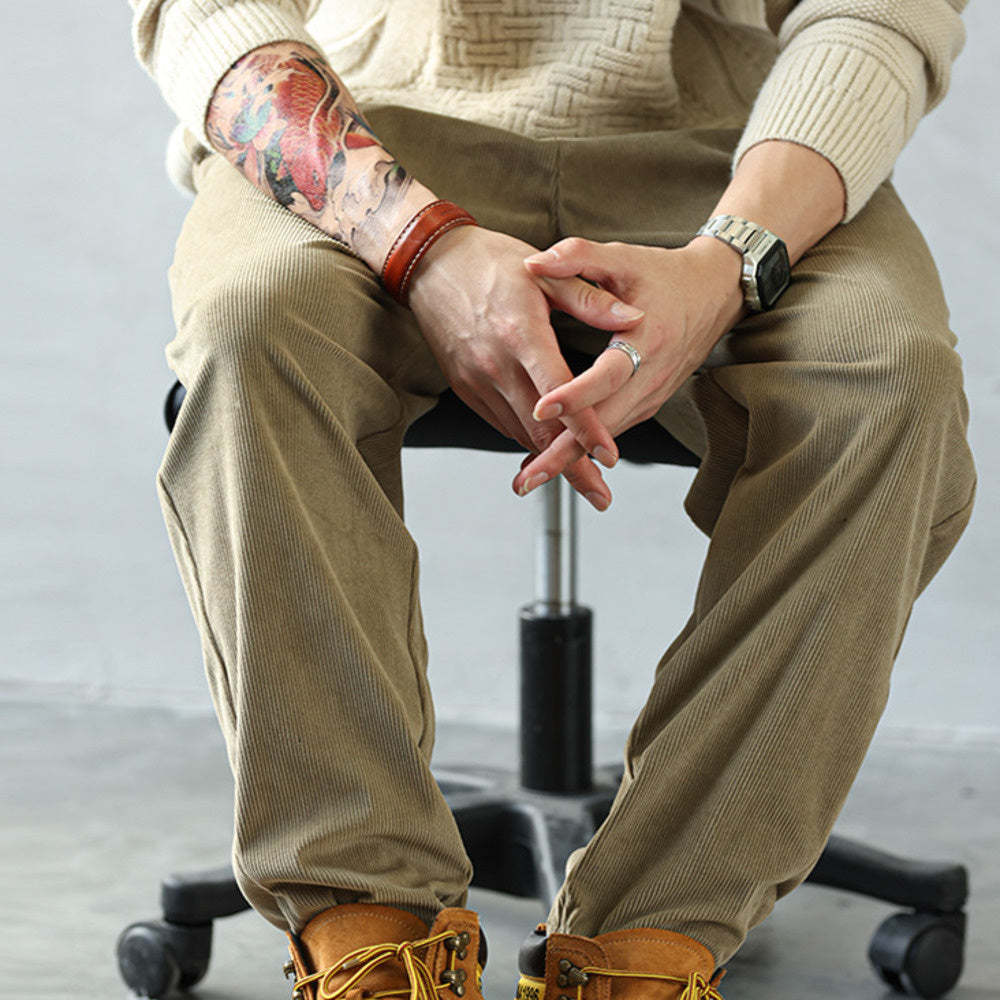 美式重磅燈芯絨休閒褲男寬鬆加絨百搭卡其色小錐形長褲秋冬-Retro's Wear
