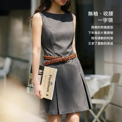 灰色輕職場西裝瑞秋裙子知識份子無袖背心收腰連衣身長裙女夏