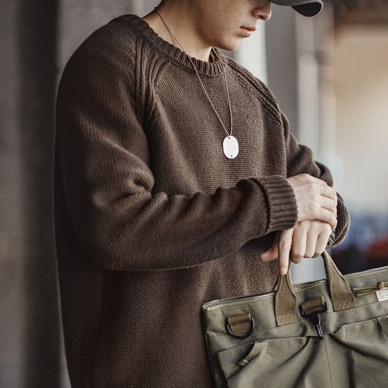 美式復古重磅編織圓領毛衣肌理感插肩袖打底針織衫男秋冬-Retro's Wear