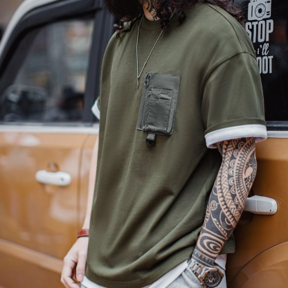 美式復古軍綠色口袋T恤山系純棉針織日系重磅短袖男款夏
