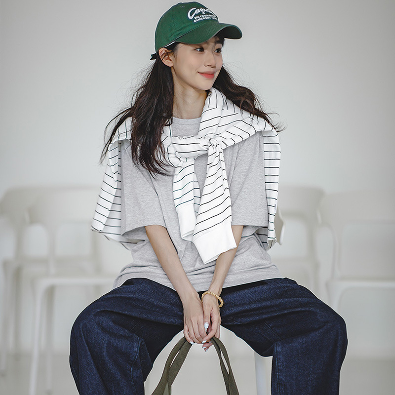 马登女装 美式休闲薄款T恤纯色落肩宽松基础款短袖透气上衣夏-Retro's Wear