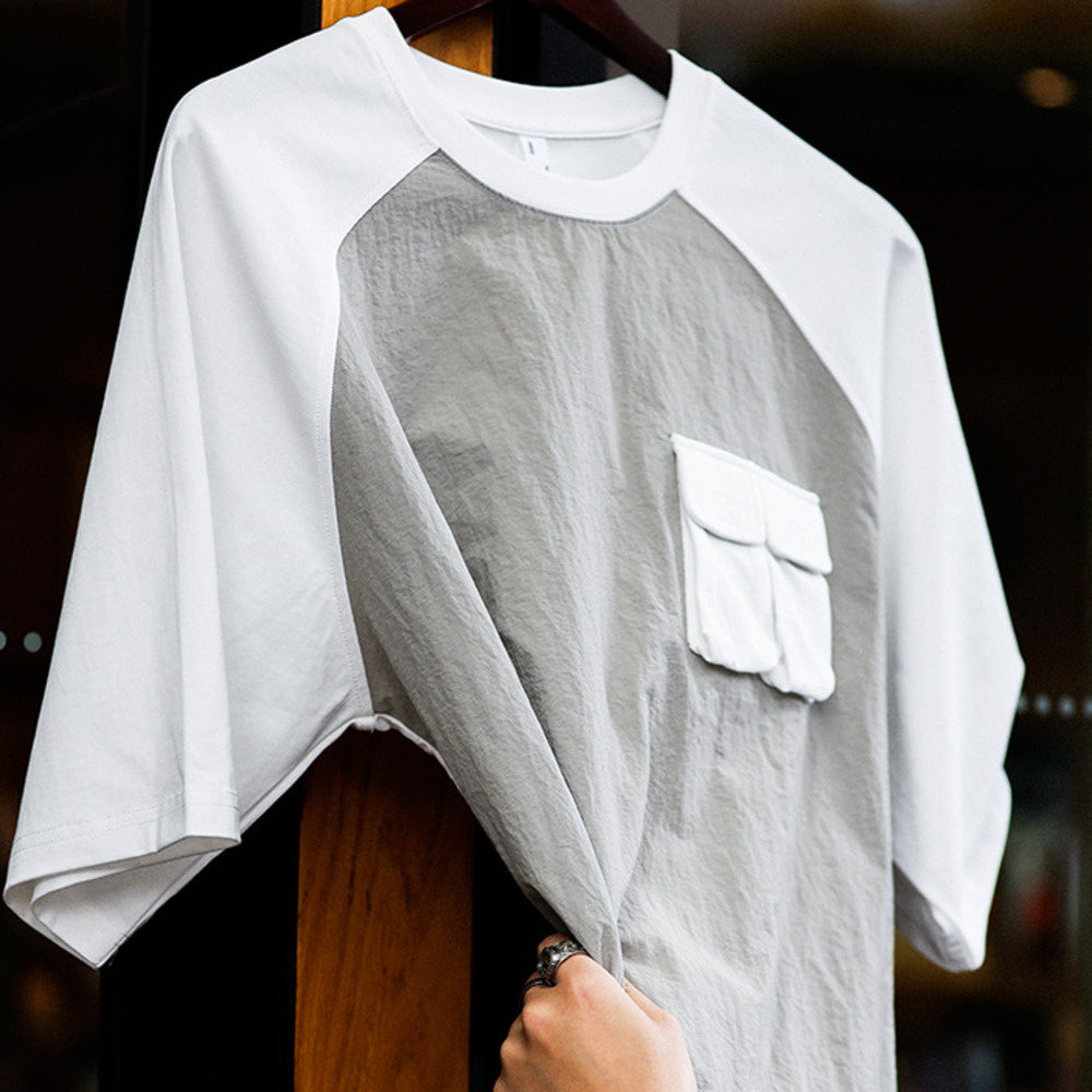 美式復古運動短袖T恤男寬鬆cityboy風格戶外休閒拼接口袋TEE-Retro's Wear