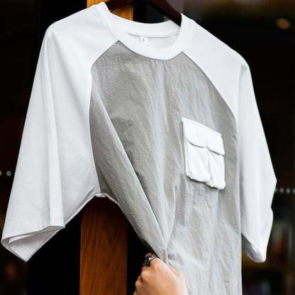 美式復古運動短袖T恤男寬鬆cityboy風格戶外休閒拼接口袋TEE-Retro's Wear