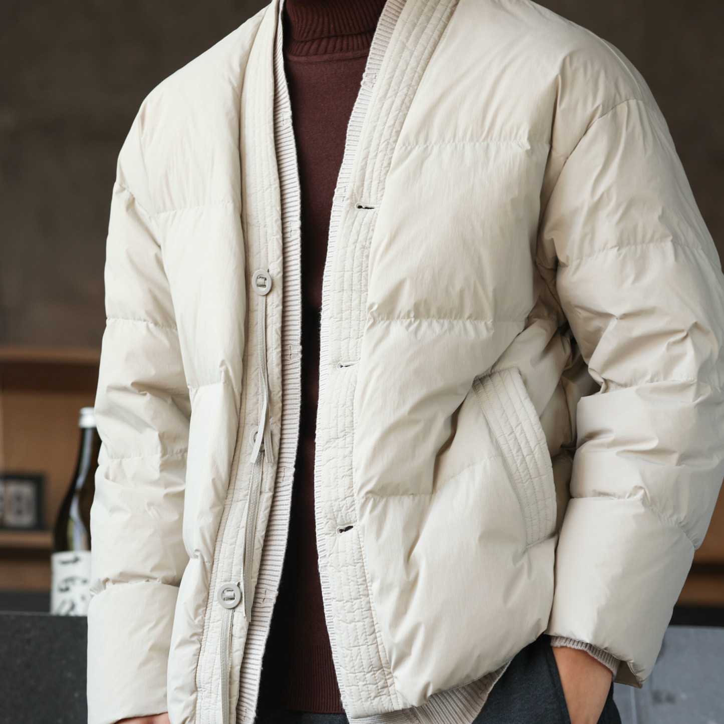 新中式道袍領羽絨服男90絨針織拼接假兩件設計保暖外套