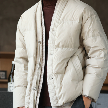 新中式道袍領羽絨服男90絨針織拼接假兩件設計保暖外套