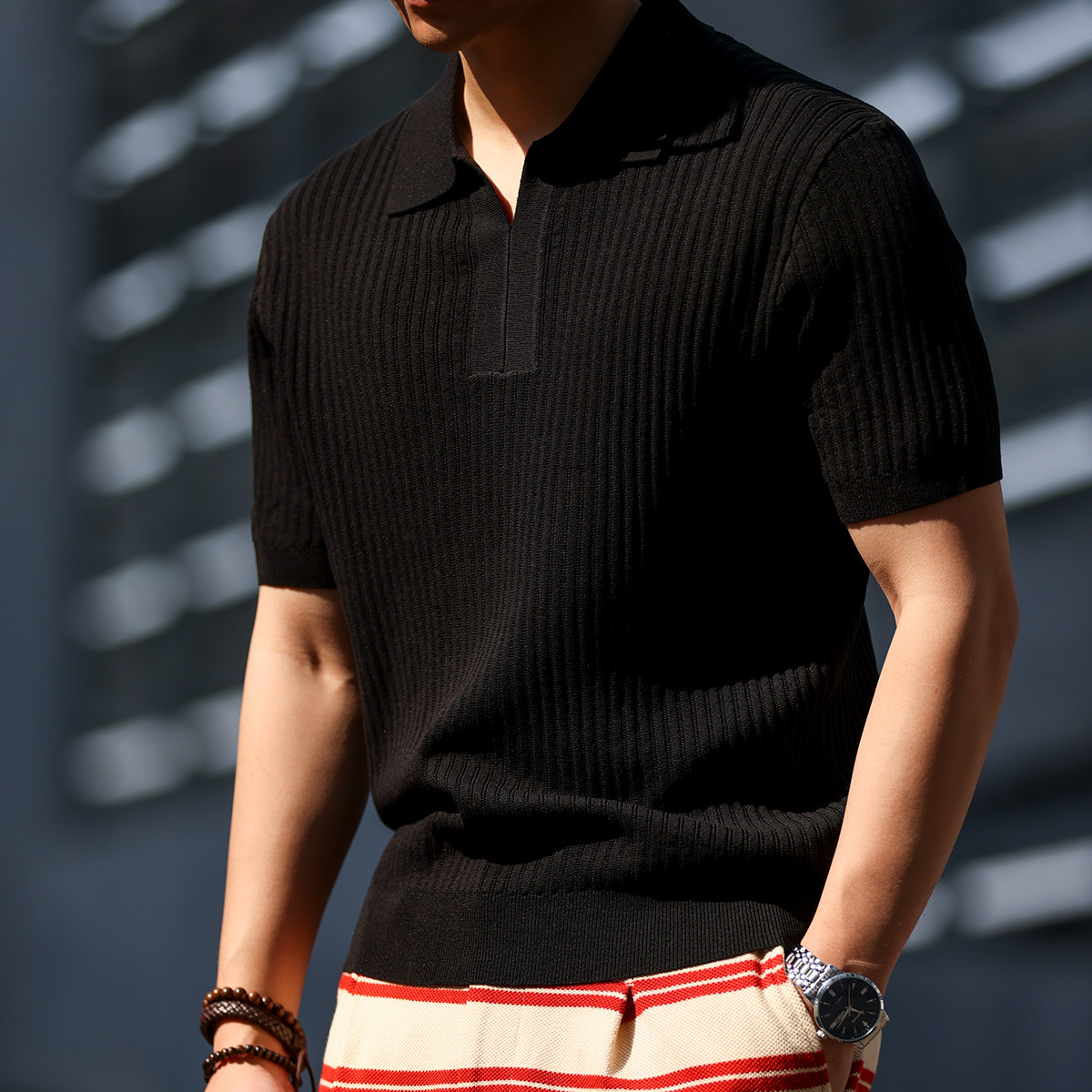 萊賽爾亞麻短袖V領Polo衫男意式老錢簡約翻領針織T恤夏