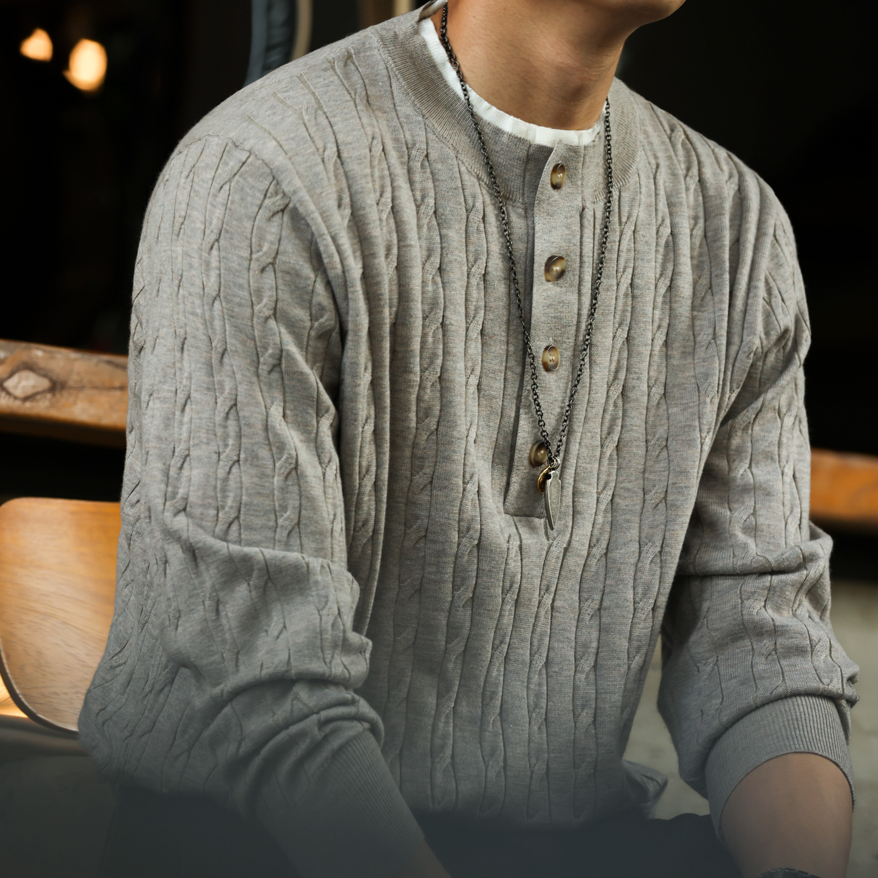 美式休閒假兩件亨利領毛衣男12針麻花紋理羊毛混紡針織衫