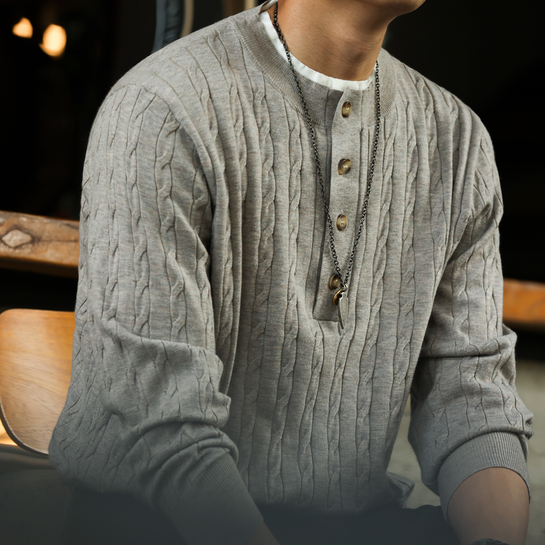 美式休閒假兩件亨利領毛衣男12針麻花紋理羊毛混紡針織衫