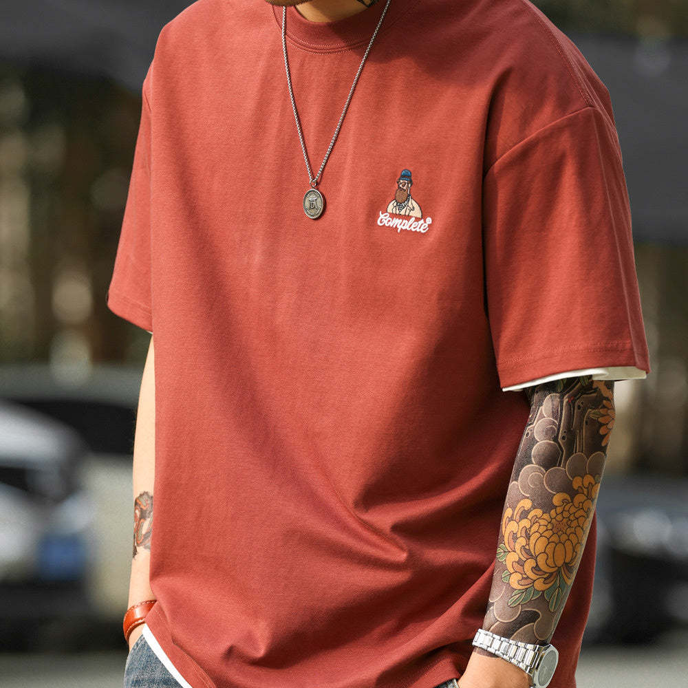 美式休閒趣味刺繡短袖T恤男210g雙面棉安可拉紅色打底衫