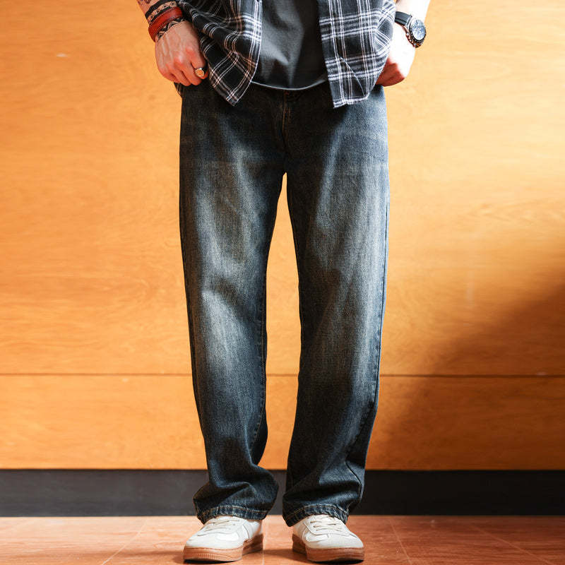 美式復古水洗藍牛仔褲男寬鬆直筒墜感休閒闊腿老爹長褲子秋-Retro's Wear