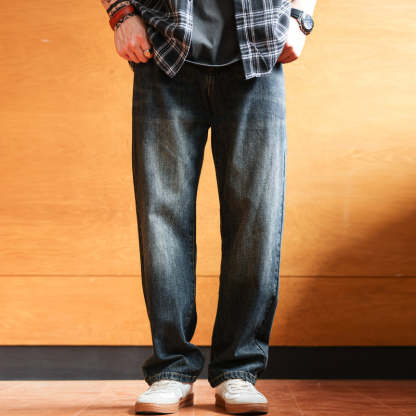 美式復古水洗藍牛仔褲男寬鬆直筒墜感休閒闊腿老爹長褲子秋-Retro's Wear