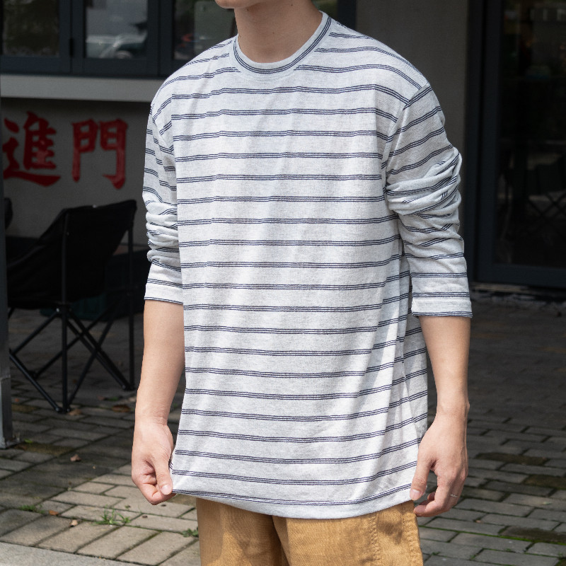 萊賽爾天絲透氣長袖T恤 男士涼感條紋寬鬆薄款防曬衫