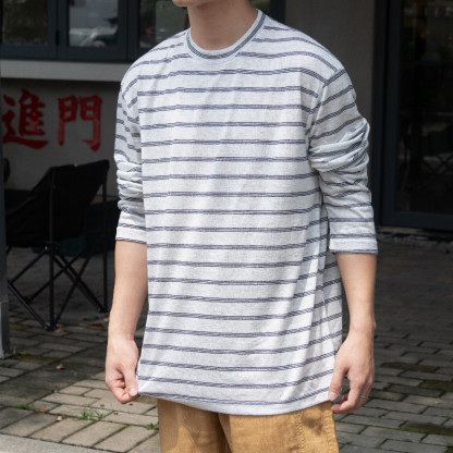 萊賽爾天絲透氣長袖T恤 男士涼感條紋寬鬆薄款防曬衫