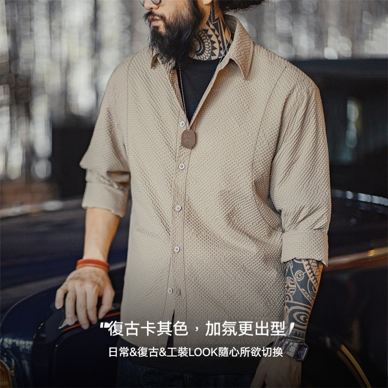 美式休閒泡泡紗免燙長袖襯衫肌理感薄款翻領襯衣外套男秋-Retro's Wear