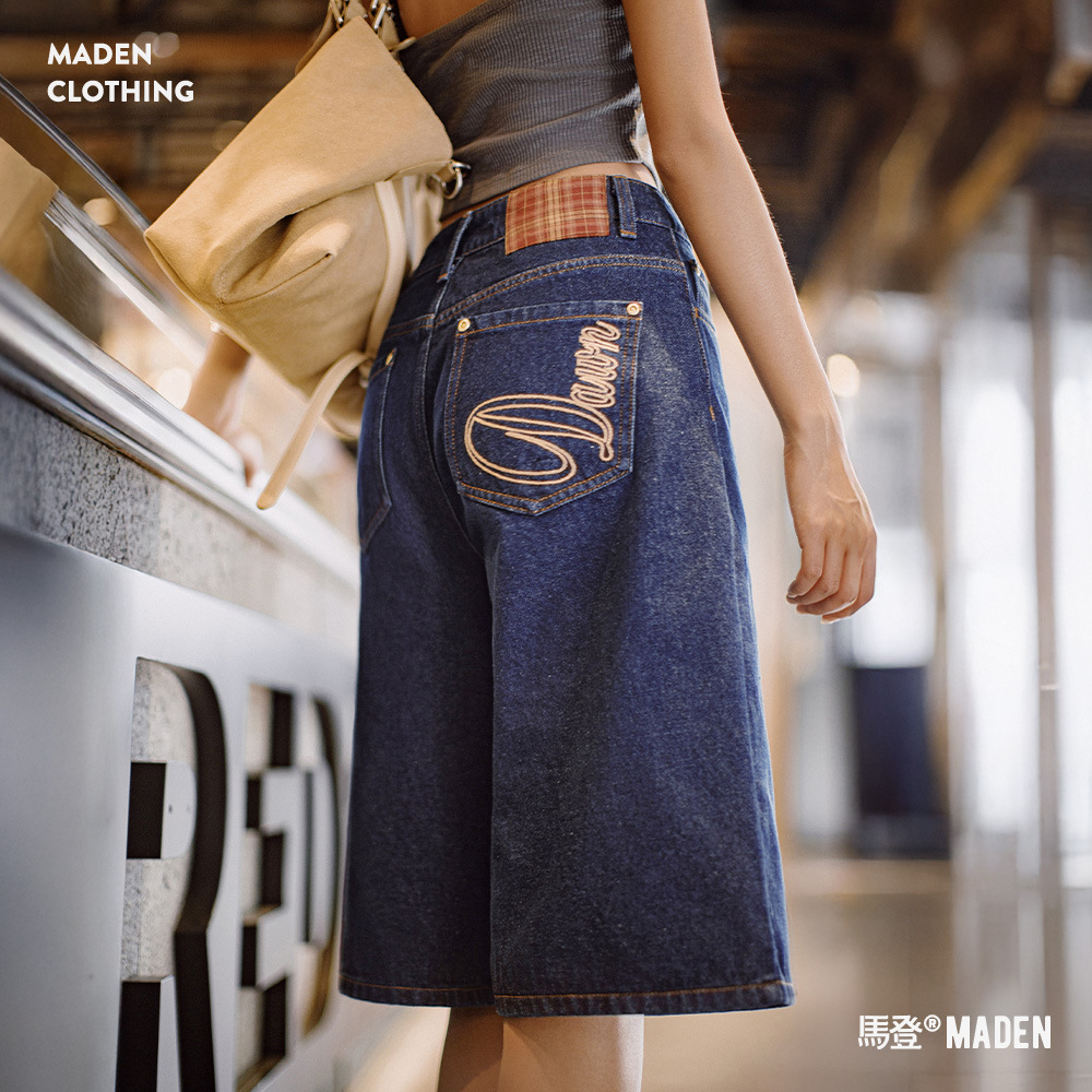 夏日復古深藍丹寧牛仔七分褲新款闊腿顯瘦小個子修腿型褲子女