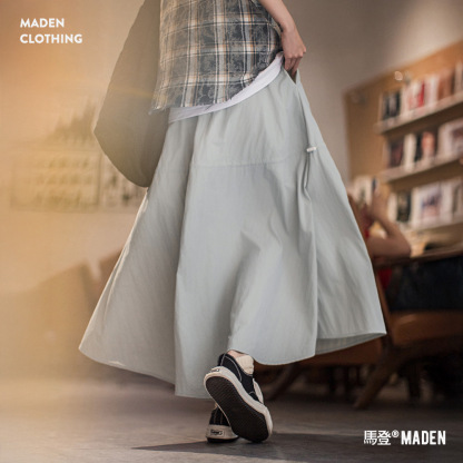 2025新薄長款透氣鬆緊腰帶口袋雙層A字大裙擺半身裙子女士夏