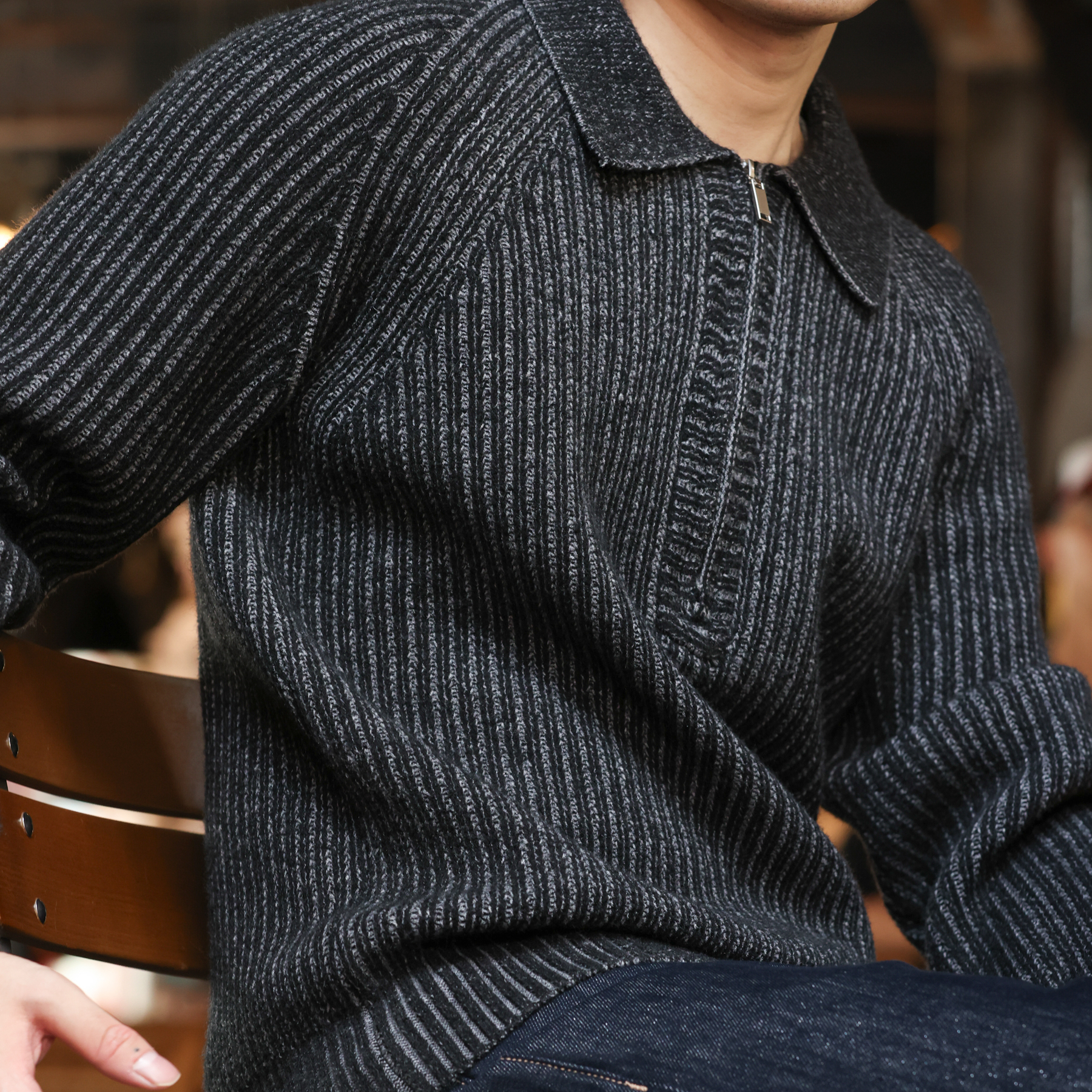 美式復古860g重磅半拉鍊翻毛衣男抗起球插肩袖POLO針織衫